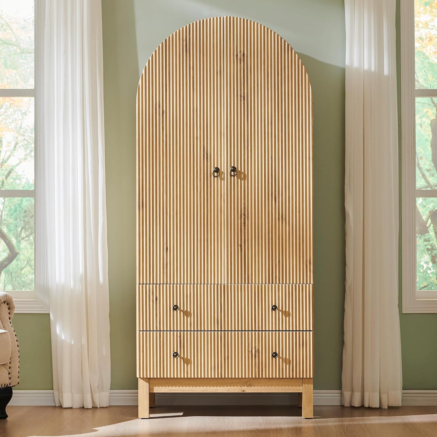 71" Tall Arched Bathroom Storage Cabinet, Modern Fluted Cabinet Storage with 4 Shlves and 2 Drawers, Floor Cabinet for Bathroom, Living Room, Kitchen, Natural