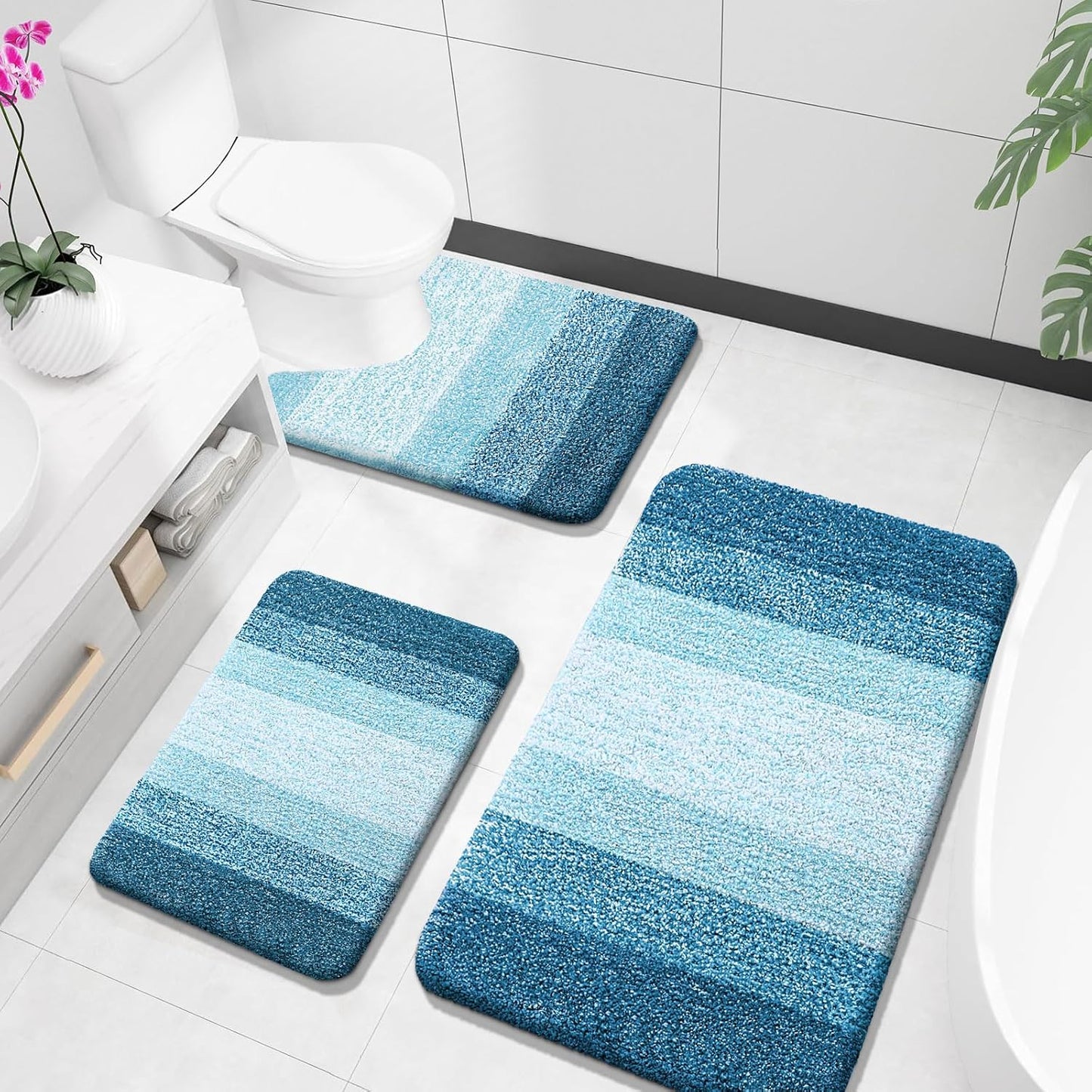 OLANLY Bathroom Rugs Sets 3 Piece, Soft Absorbent Microfiber Bath Mats and U-Shaped Contour Toilet Rug, Plush Shaggy Bath Mat Set for Bathroom (30"x20"+24"x16"+24"x20", Navy)