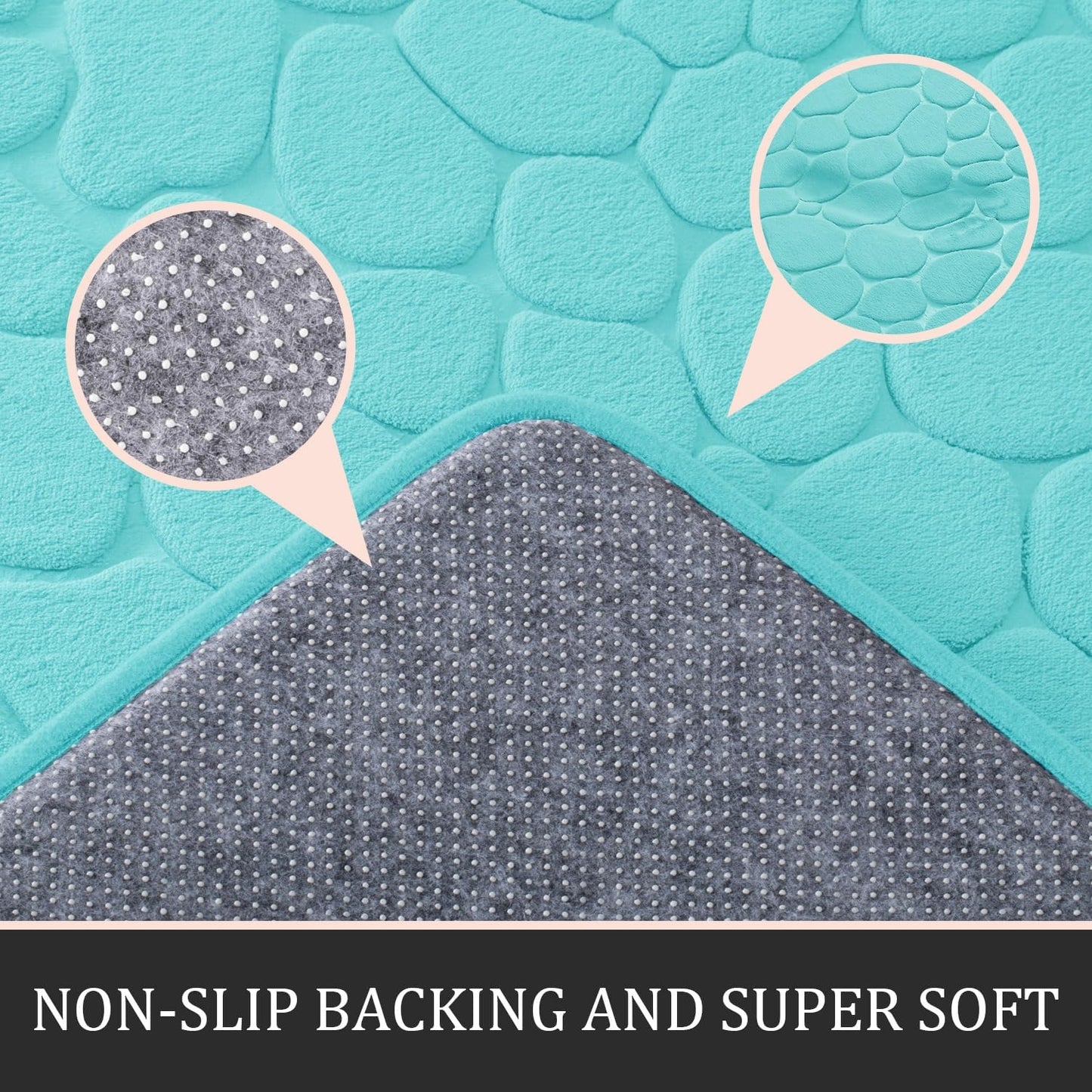YIHOUSE Bathroom Rugs Set, 5 Piece Cobblestone Memory Foam Mats, Extra Thick Non Slip, Water Absorbent, Washable Teal Bath Rugs for Tub, Toilet and Floor