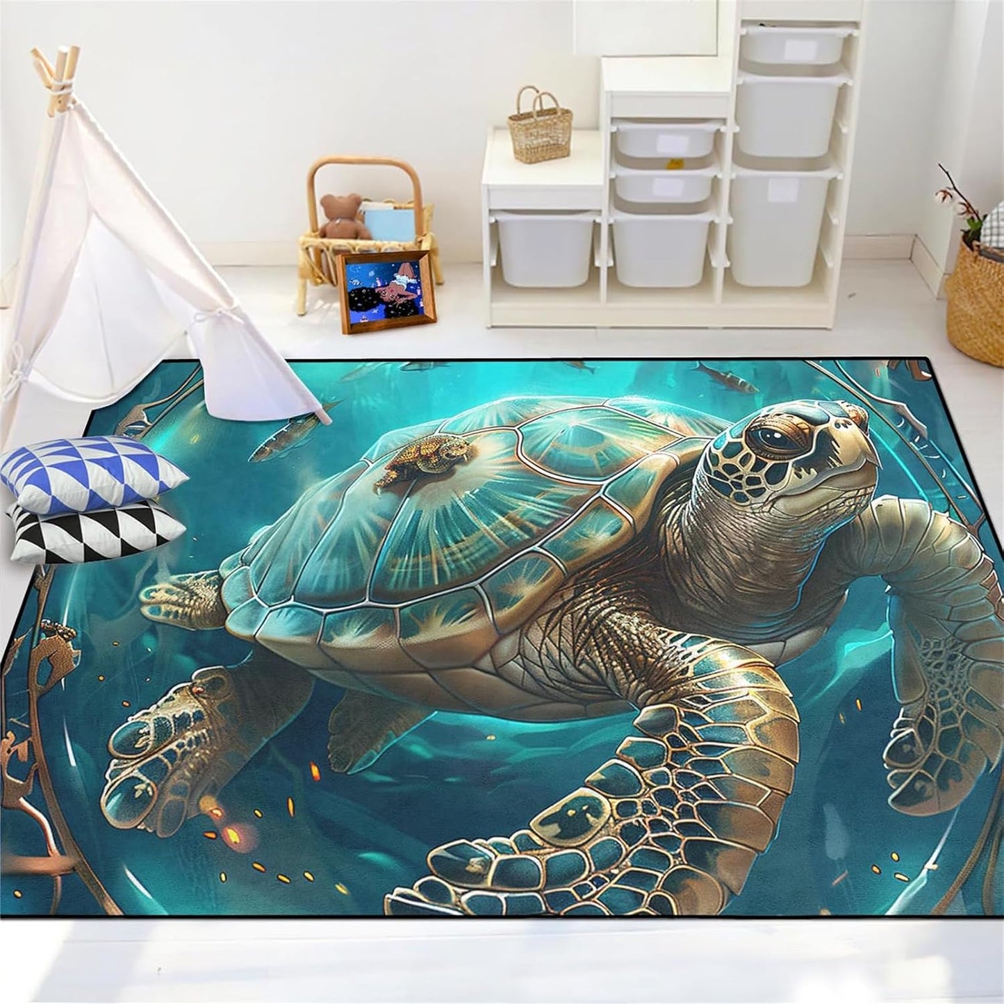 Sea Turtle Rug - Ocean Animal Theme Area Rug Blue Turtle Coral Printted Carpet Sea Animal Underwater Carpet Sea Turtle Mat for Kids Bedroom Living Room Decor,3'×5'