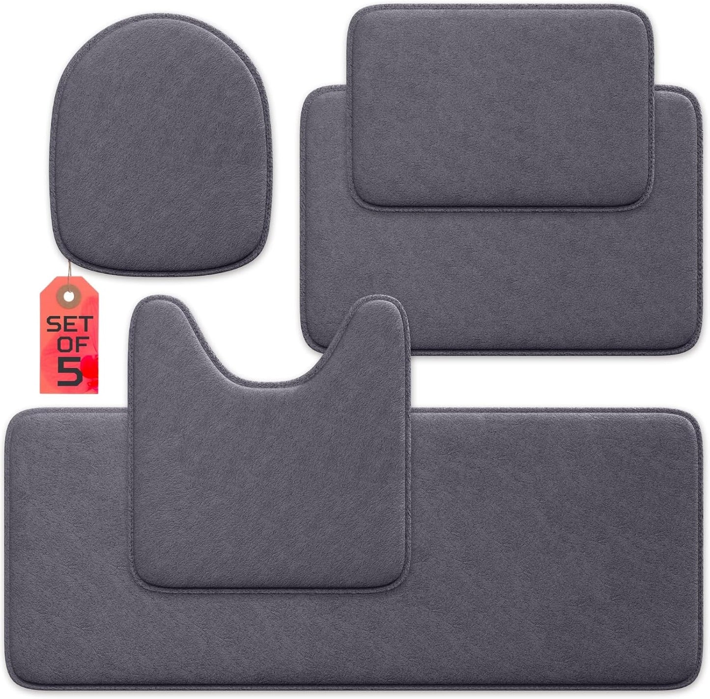 5-Piece Bathroom Rug Set - Memory Foam, Non-Slip, Machine Washable, Quick-Drying, Aqua Teal