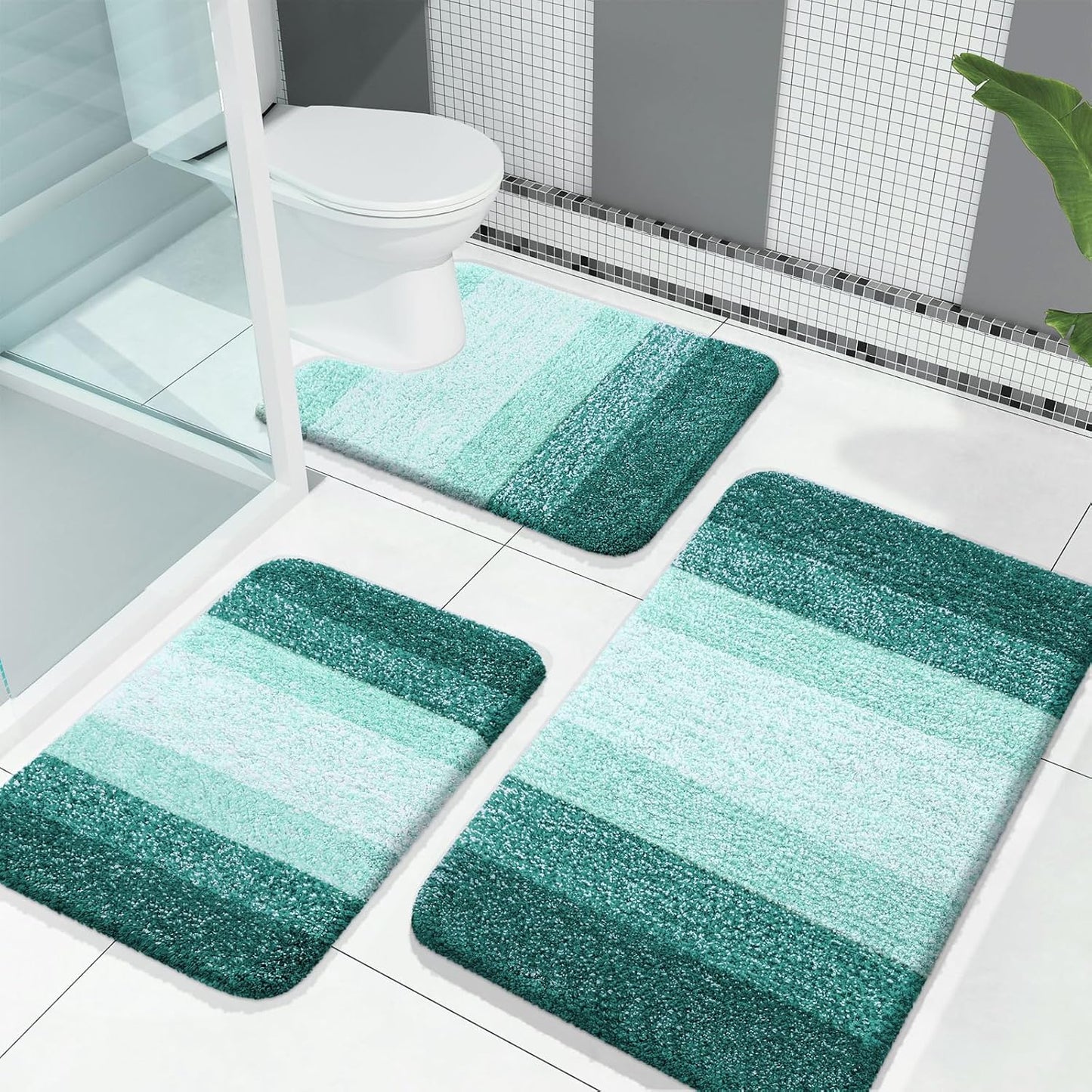 OLANLY Bathroom Rugs Sets 3 Piece, Soft Absorbent Microfiber Bath Mats and U-Shaped Contour Toilet Rug, Plush Shaggy Bath Mat Set for Bathroom (30"x20"+24"x16"+24"x20", Navy)