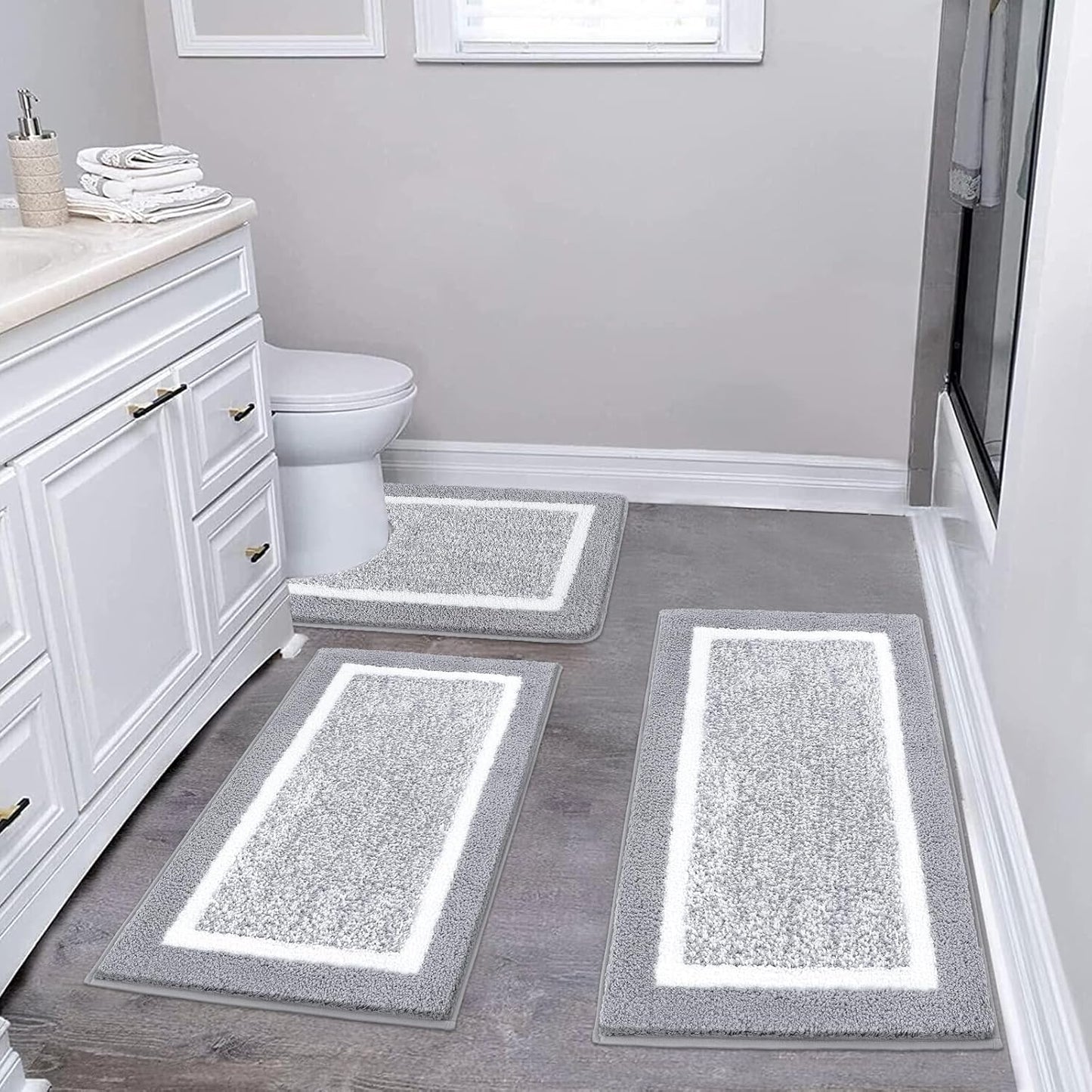 Pauwer 3 Pieces Bathroom Rugs Sets, Ultra Soft Non-Slip Mats, Microfiber Absorbent Bath Rugs with U-Shaped Toilet Rug for Bath Floor, Tub, Shower, Blue
