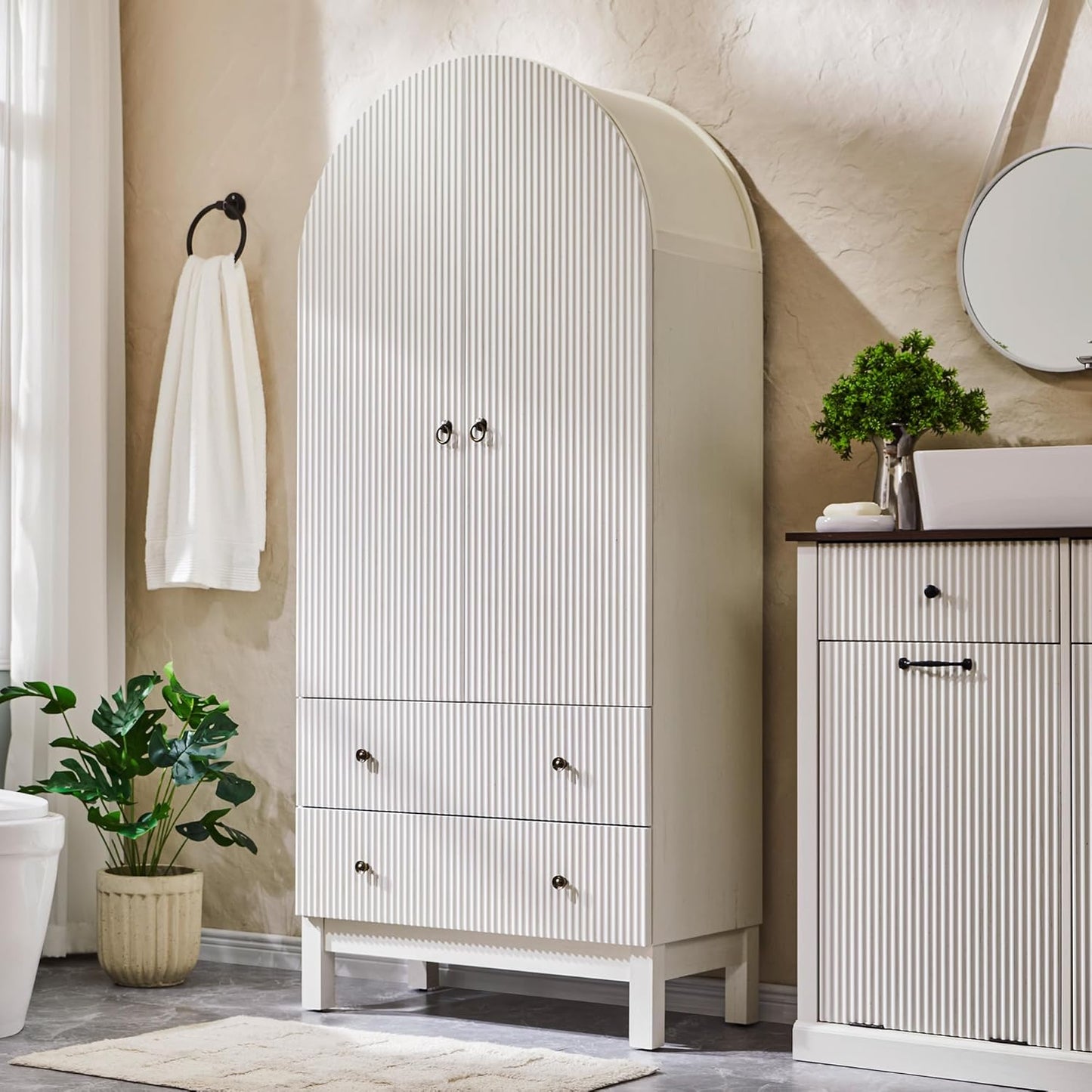 71" Tall Arched Bathroom Storage Cabinet, Modern Fluted Cabinet Storage with 4 Shlves and 2 Drawers, Floor Cabinet for Bathroom, Living Room, Kitchen, Natural