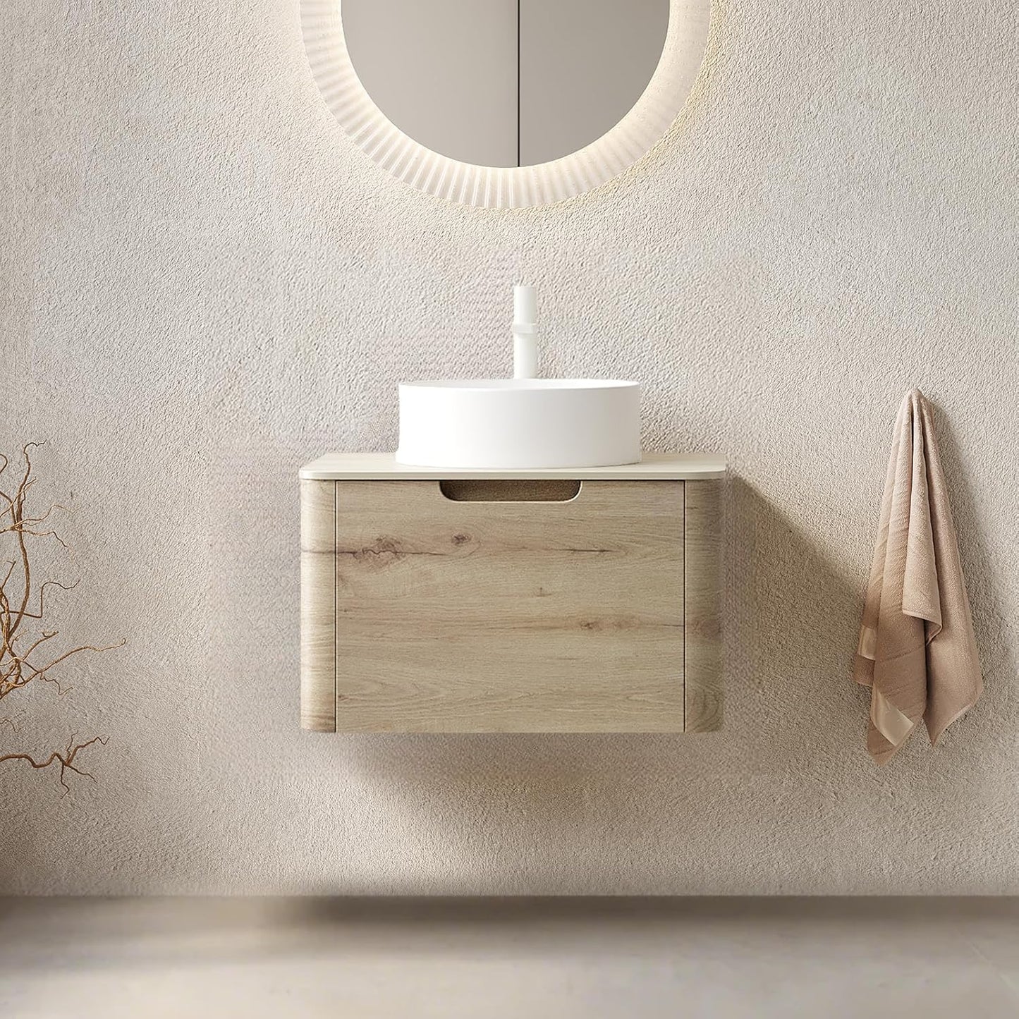 30 Inschs Bathroom Vanity with Sink, Modern Wall Mounted Bathroom with Soft Close Drawer, Stone Pattern Round Ceramic Basin and Solid Material Roma Travertine-Pattern Sintered Stone Top, Oak