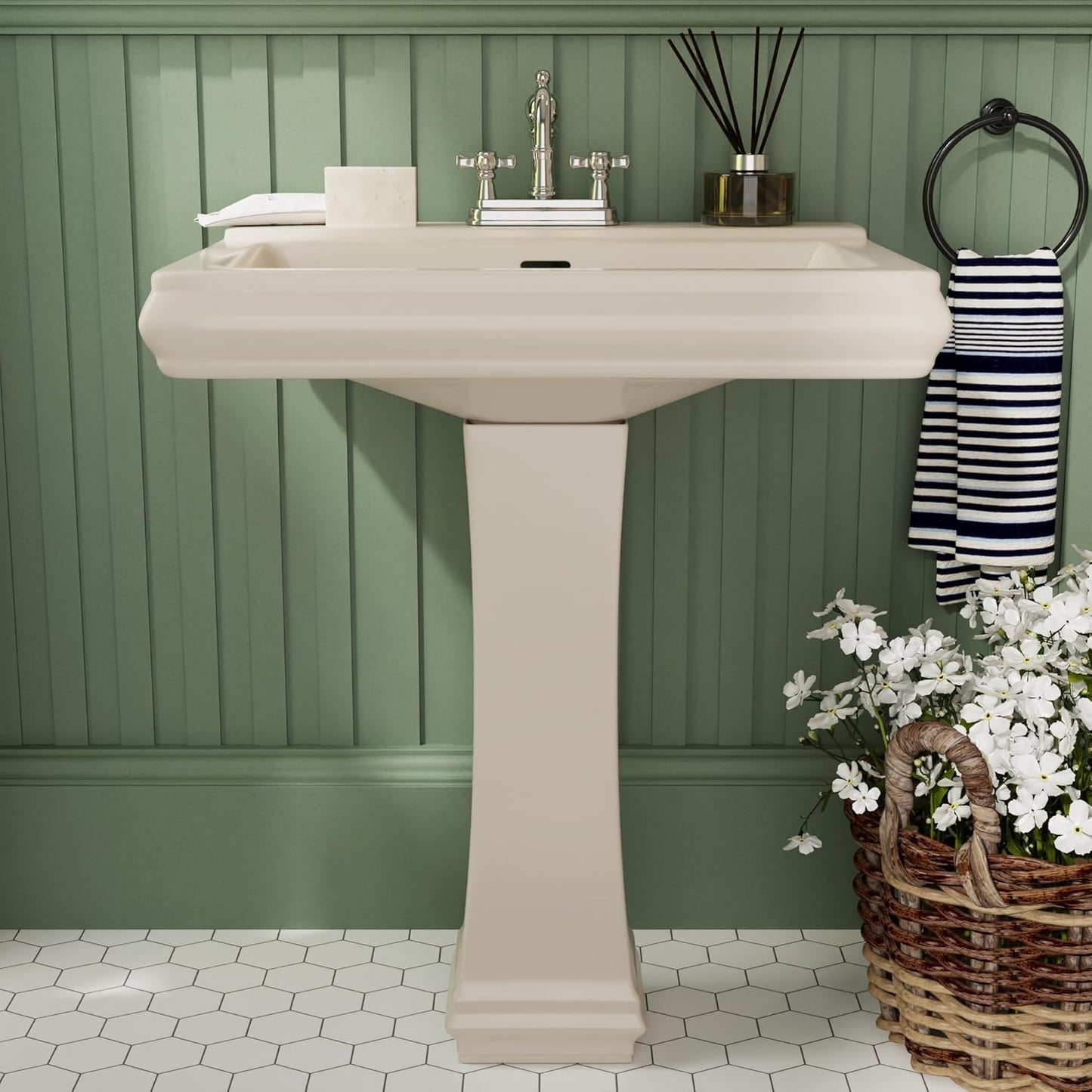 DeerValley 26"L X 20"W Rectangular Pedestal Sink, Apex White Ceramic Pedestal Bathroom Sink with 3 Faucet Holes at 4" Faucet Centers, with Overflow,DV-1P521