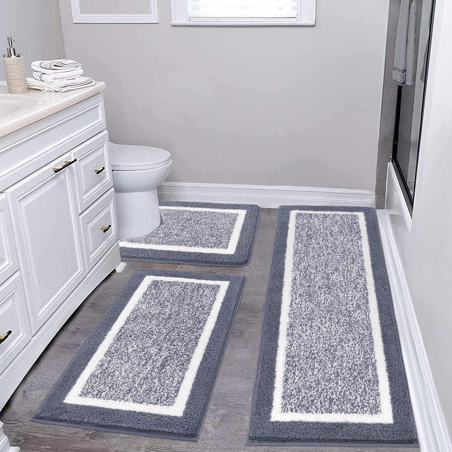 Pauwer 3 Pieces Bathroom Rugs Sets, Ultra Soft Non-Slip Mats, Microfiber Absorbent Bath Rugs with U-Shaped Toilet Rug for Bath Floor, Tub, Shower, Blue