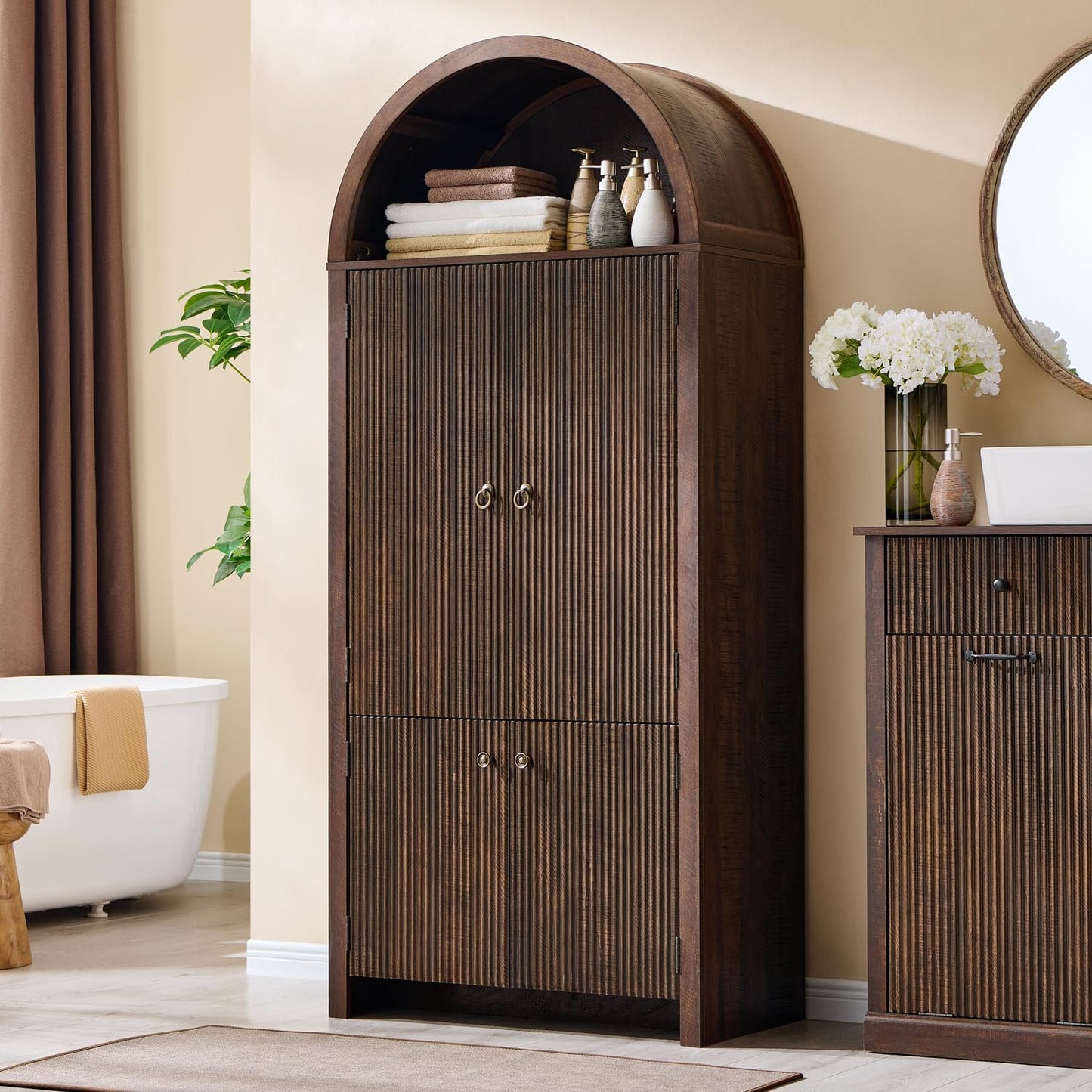 71" Tall Arched Bathroom Storage Cabinet, Modern Fluted Storage Cabinet w/Doors, 3 Adjustable Shelves, 6 Door Shelves, Wood Freestanding Cabinet for Bathroom, Entryway, Hallway, Natural