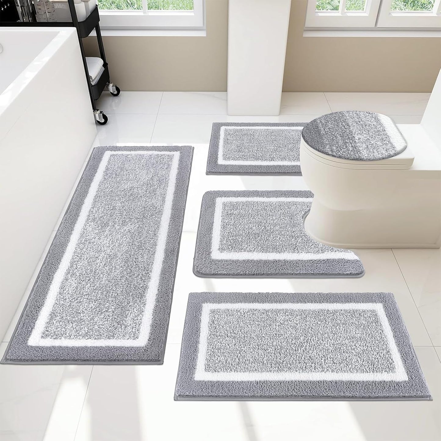 Pauwer Bathroom Rugs Set 5 Piece, Plush Absorbent Microfiber Bath Mats for Bathroom, Non Slip Washable Bath Rug Set with U Shaped Contour Toilet Rugs, Shower Rug and Toilet Lid Cover, Navy Blue