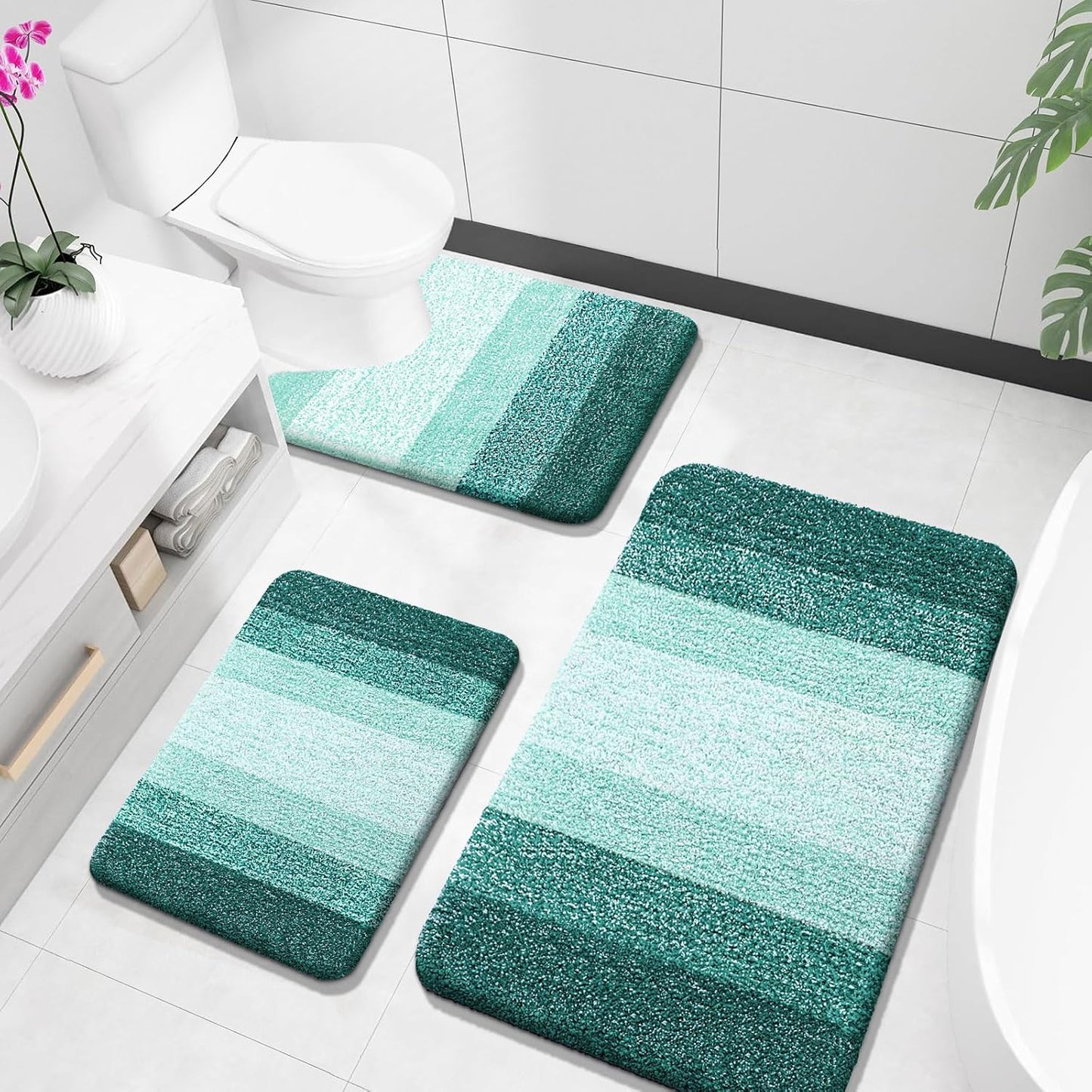 OLANLY Bathroom Rugs Sets 3 Piece, Soft Absorbent Microfiber Bath Mats and U-Shaped Contour Toilet Rug, Plush Shaggy Bath Mat Set for Bathroom (30"x20"+24"x16"+24"x20", Navy)