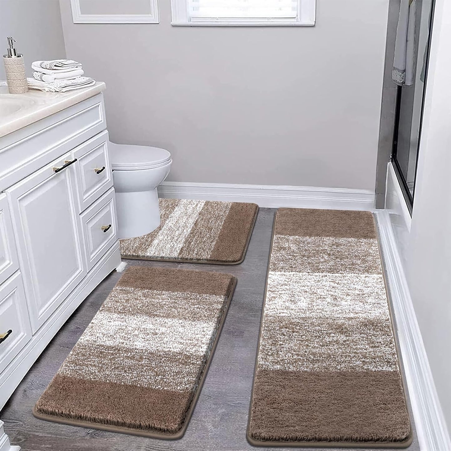 Pauwer 3 Piece Bath Mat Set Bathroom Rugs, Non Slip Plush Bathroom Mats, Absorbent Shaggy Bathroom Rug Set with U-Shaped Contour Toilet Mat for Bedroom Living Room, Navy Blue