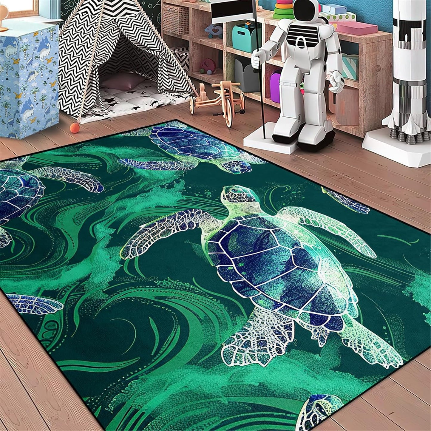 Sea Turtle Rug - Ocean Animal Theme Area Rug Blue Turtle Coral Printted Carpet Sea Animal Underwater Carpet Sea Turtle Mat for Kids Bedroom Living Room Decor,3'×5'