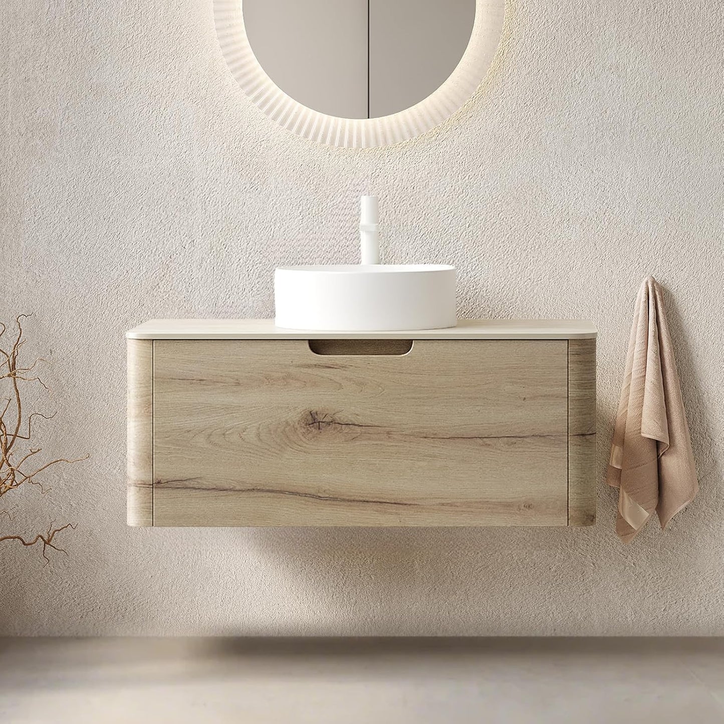 30 Inschs Bathroom Vanity with Sink, Modern Wall Mounted Bathroom with Soft Close Drawer, Stone Pattern Round Ceramic Basin and Solid Material Roma Travertine-Pattern Sintered Stone Top, Oak