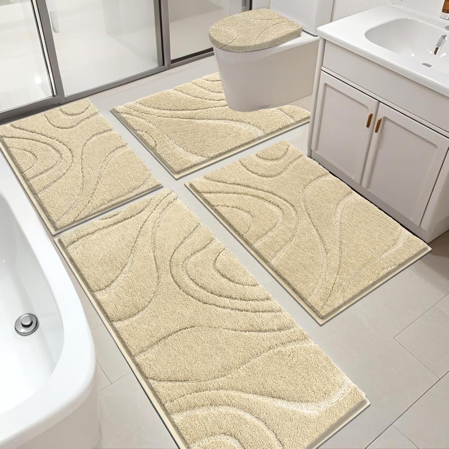 HEBE Bathroom Rugs Sets 5 Piece, Soft Absorbent Microfiber Bath Mat for Bathroom, Non Slip Washable Bath Rug Set with Toilet Cover, Bath Runner and U-Shaped Contour Toilet Rug, Coffee