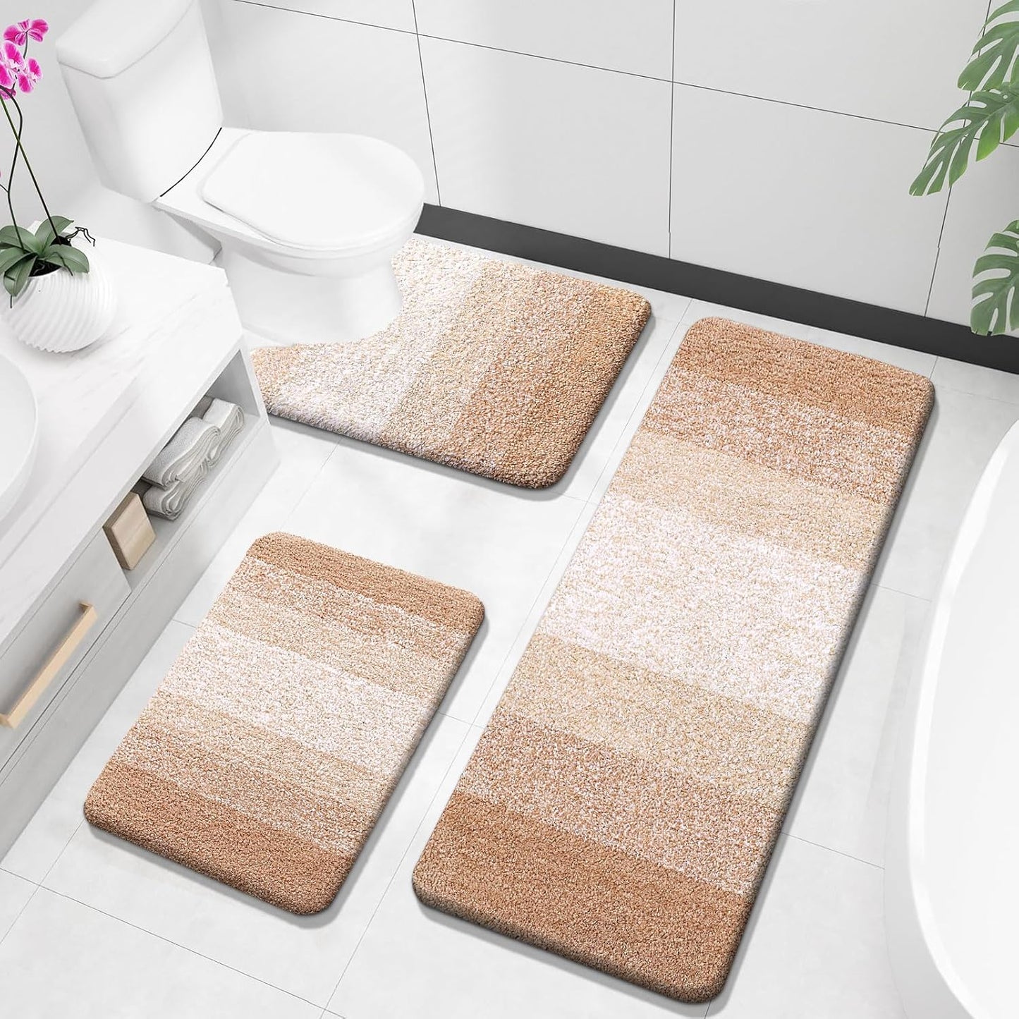 OLANLY Bathroom Rugs Sets 3 Piece, Soft Absorbent Microfiber Bath Mats and U-Shaped Contour Toilet Rug, Plush Shaggy Bath Mat Set for Bathroom (30"x20"+24"x16"+24"x20", Navy)