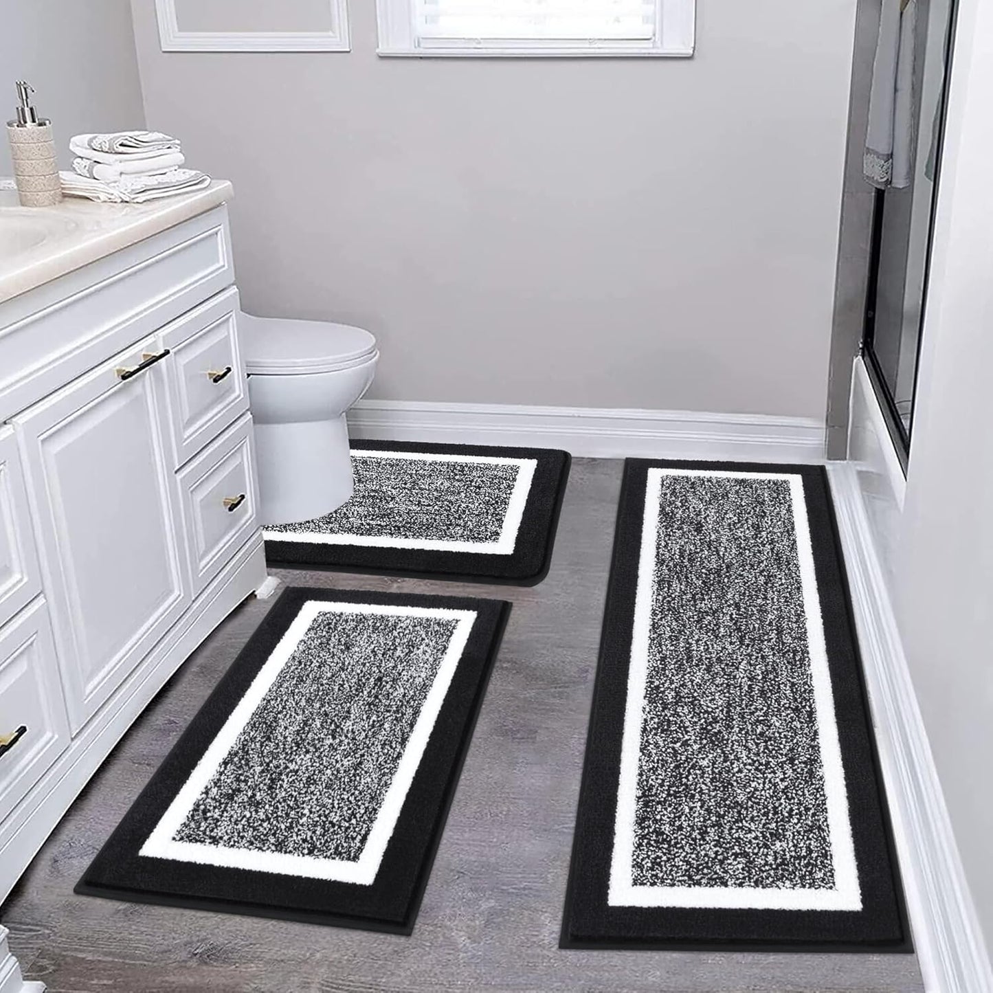 Pauwer 3 Pieces Bathroom Rugs Sets, Ultra Soft Non-Slip Mats, Microfiber Absorbent Bath Rugs with U-Shaped Toilet Rug for Bath Floor, Tub, Shower, Blue
