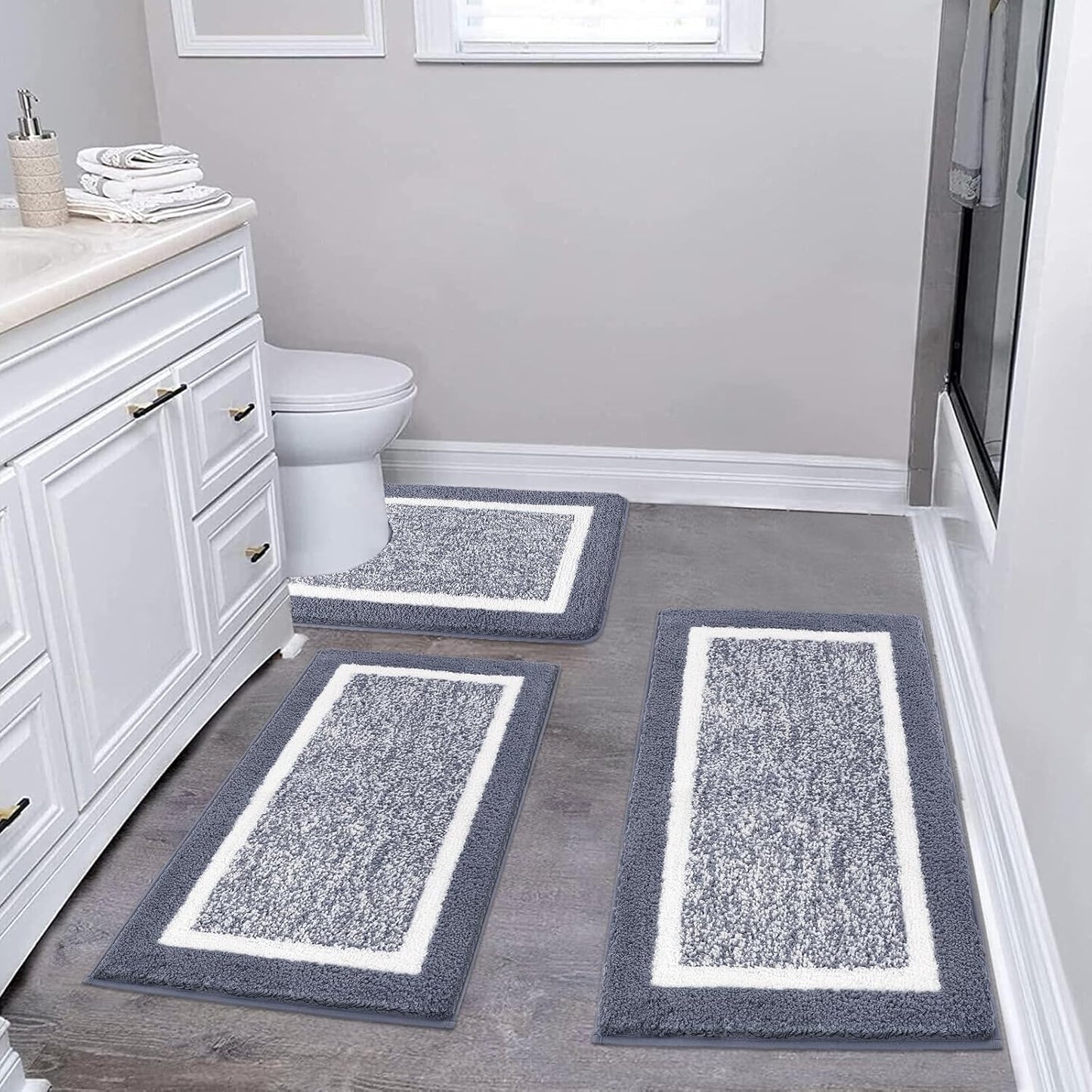 Pauwer 3 Pieces Bathroom Rugs Sets, Ultra Soft Non-Slip Mats, Microfiber Absorbent Bath Rugs with U-Shaped Toilet Rug for Bath Floor, Tub, Shower, Blue