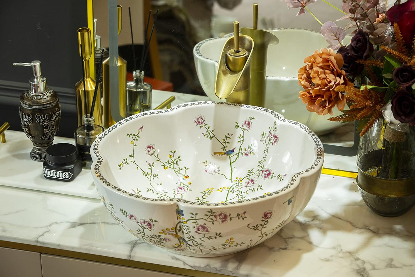 Ceramic Bathroom Vessel Sink Bowl White Color Art Above Counter Vanity Wash Basin with Flower Shape and Flower Bird Pattern,1Sink Only