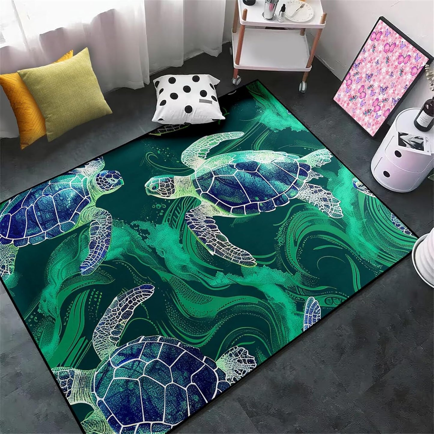 Sea Turtle Rug - Ocean Animal Theme Area Rug Blue Turtle Coral Printted Carpet Sea Animal Underwater Carpet Sea Turtle Mat for Kids Bedroom Living Room Decor,3'×5'