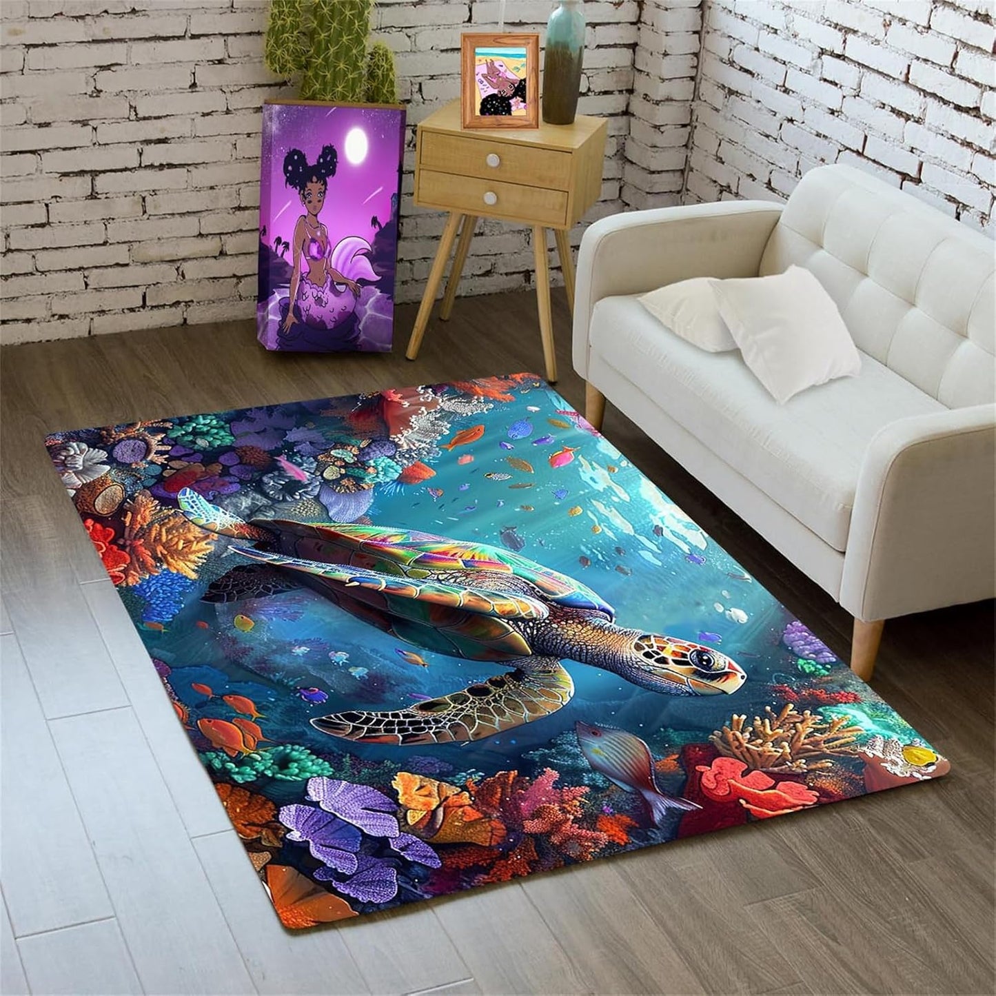 Sea Turtle Rug - Ocean Animal Theme Area Rug Blue Turtle Coral Printted Carpet Sea Animal Underwater Carpet Sea Turtle Mat for Kids Bedroom Living Room Decor,3'×5'