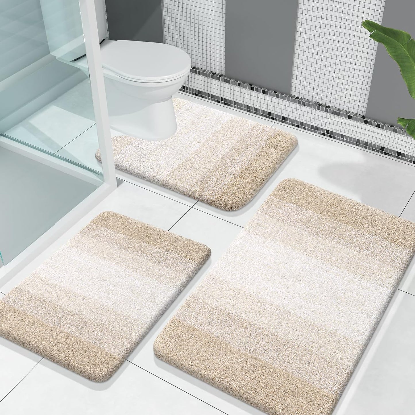 OLANLY Bathroom Rugs Sets 3 Piece, Soft Absorbent Microfiber Bath Mats and U-Shaped Contour Toilet Rug, Plush Shaggy Bath Mat Set for Bathroom (30"x20"+24"x16"+24"x20", Navy)