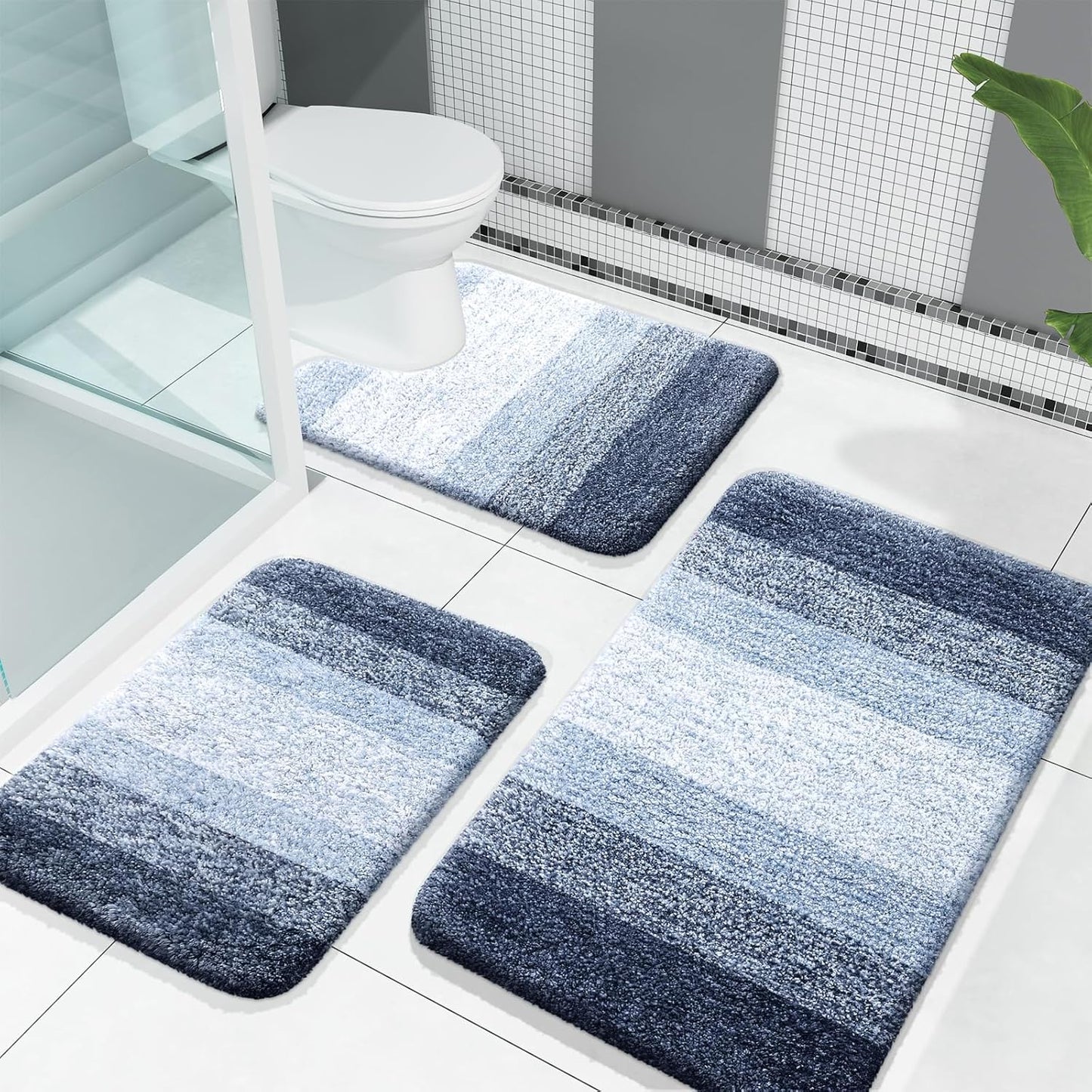 OLANLY Bathroom Rugs Sets 3 Piece, Soft Absorbent Microfiber Bath Mats and U-Shaped Contour Toilet Rug, Plush Shaggy Bath Mat Set for Bathroom (30"x20"+24"x16"+24"x20", Navy)