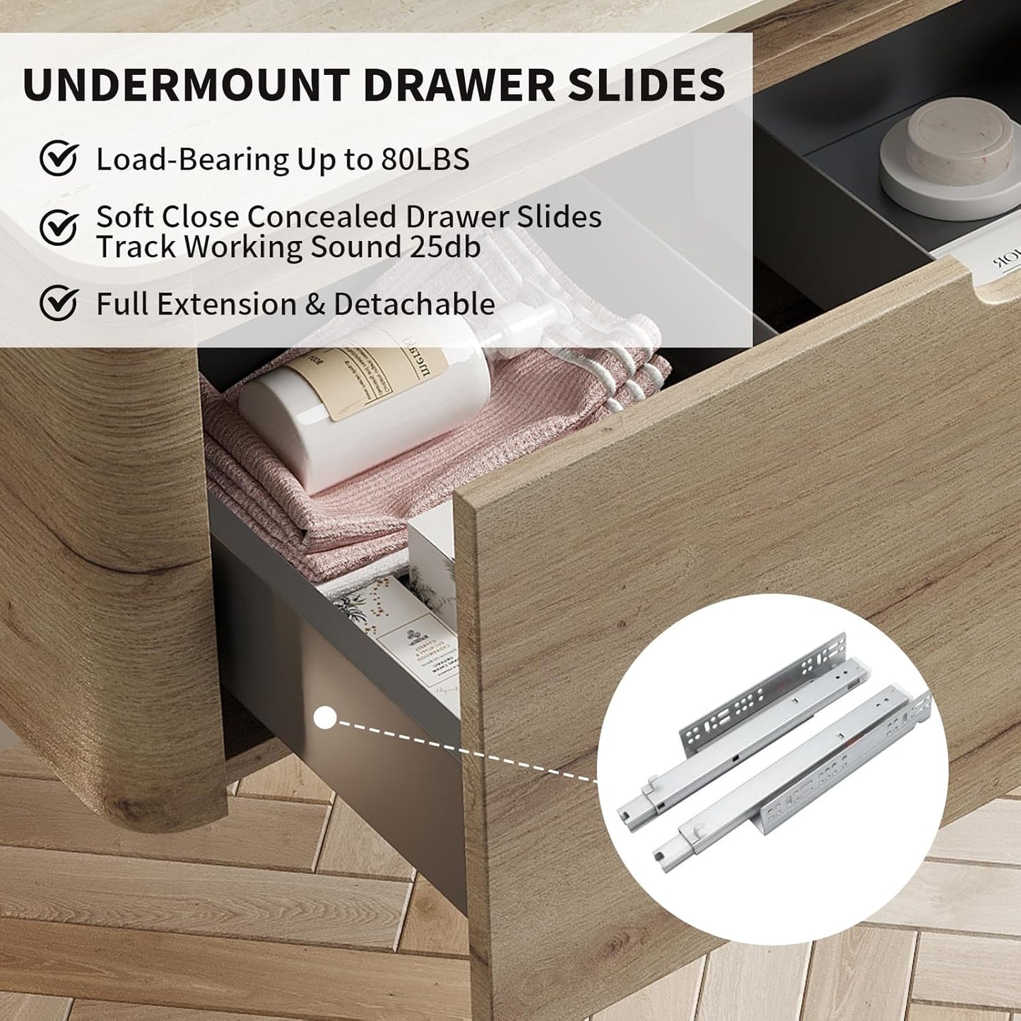 30 Inschs Bathroom Vanity with Sink, Modern Wall Mounted Bathroom with Soft Close Drawer, Stone Pattern Round Ceramic Basin and Solid Material Roma Travertine-Pattern Sintered Stone Top, Oak