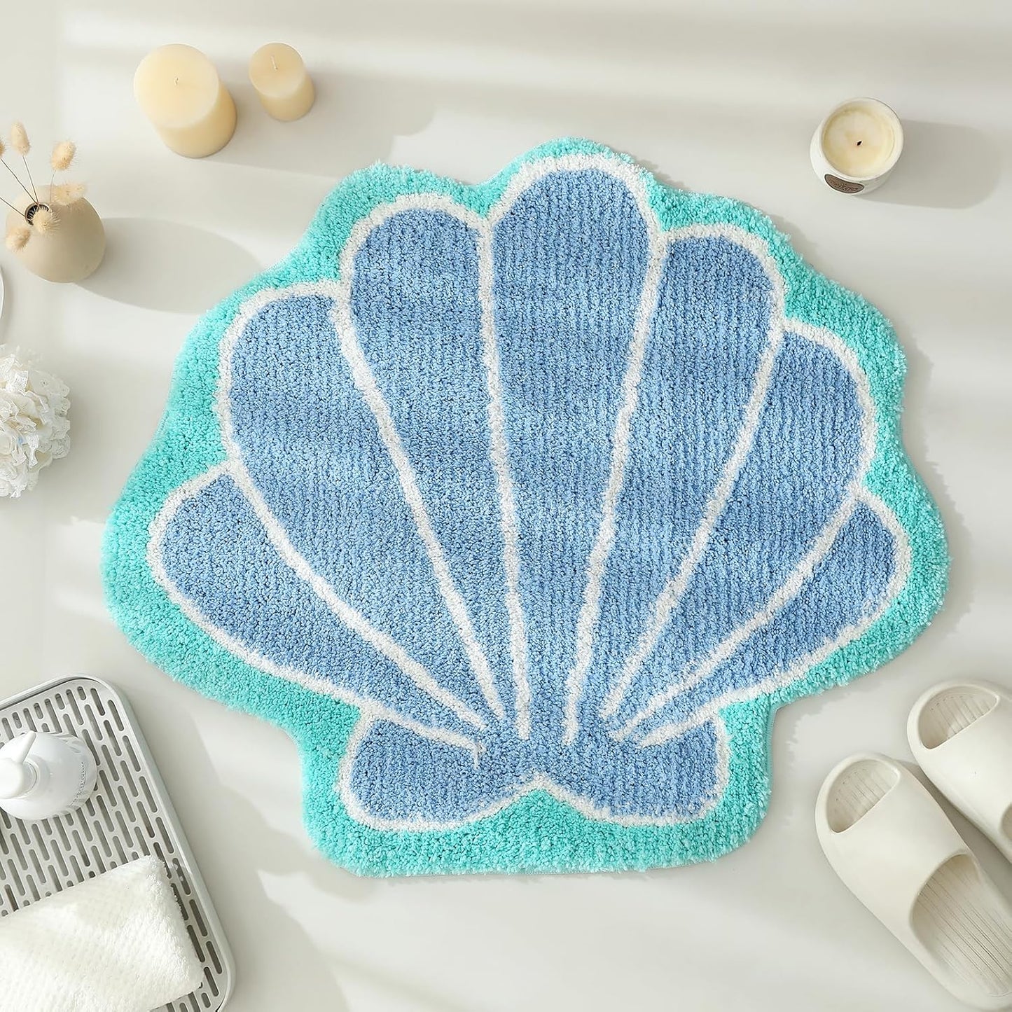 YRXRUS Seashells Bathroom Rug, Bathroom Runner, Blue Bath Rugs, Ocean Decor Shell Bath Mat Gifts, Cute Seashell Shaped Rugs for Sea Room Decor, Machine Washable & Non-Slip Mat, 45x23 Inch