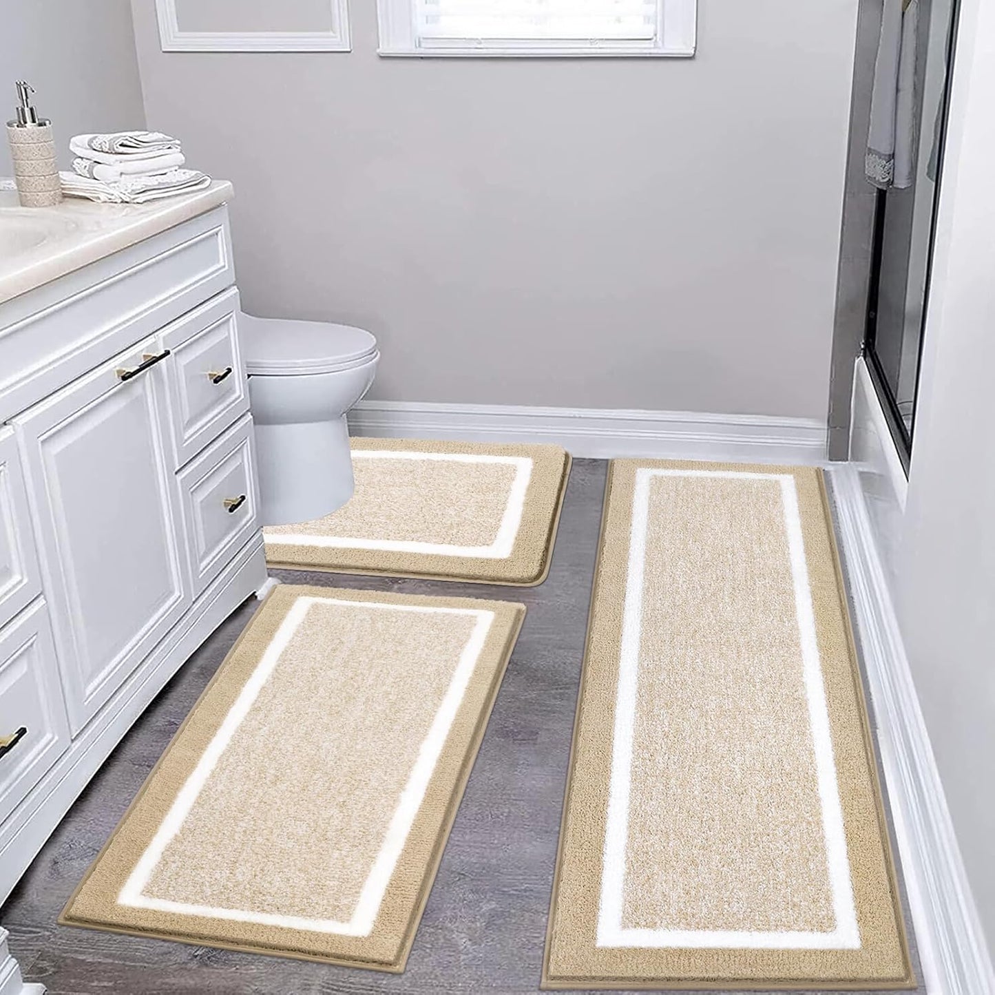 Pauwer 3 Pieces Bathroom Rugs Sets, Ultra Soft Non-Slip Mats, Microfiber Absorbent Bath Rugs with U-Shaped Toilet Rug for Bath Floor, Tub, Shower, Blue