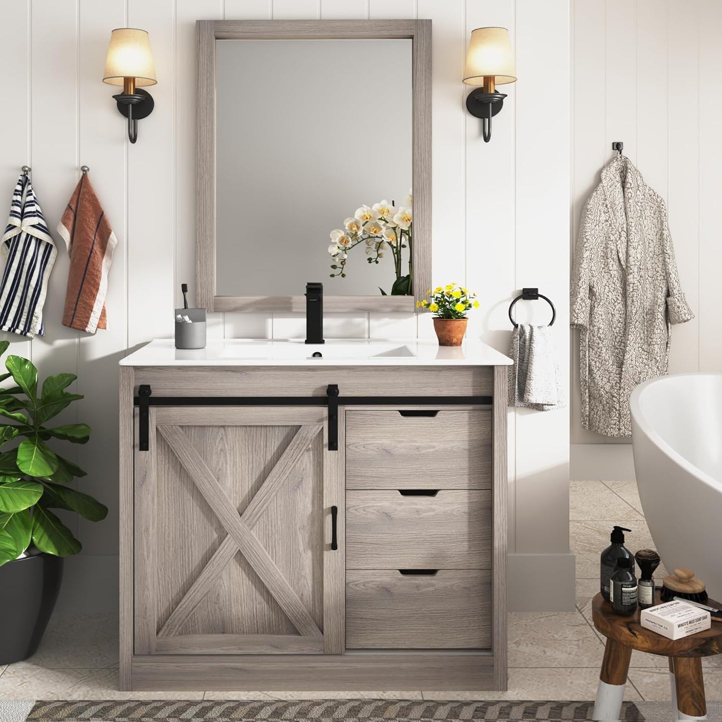 36 Inch Bathroom Vanity with Sink & Faucet & Mirror, Farmhouse Bathroom Vanity Cabinet Set with Sliding Barn Door & Drawers, Small Single Bath Storage Vanity Sink, White