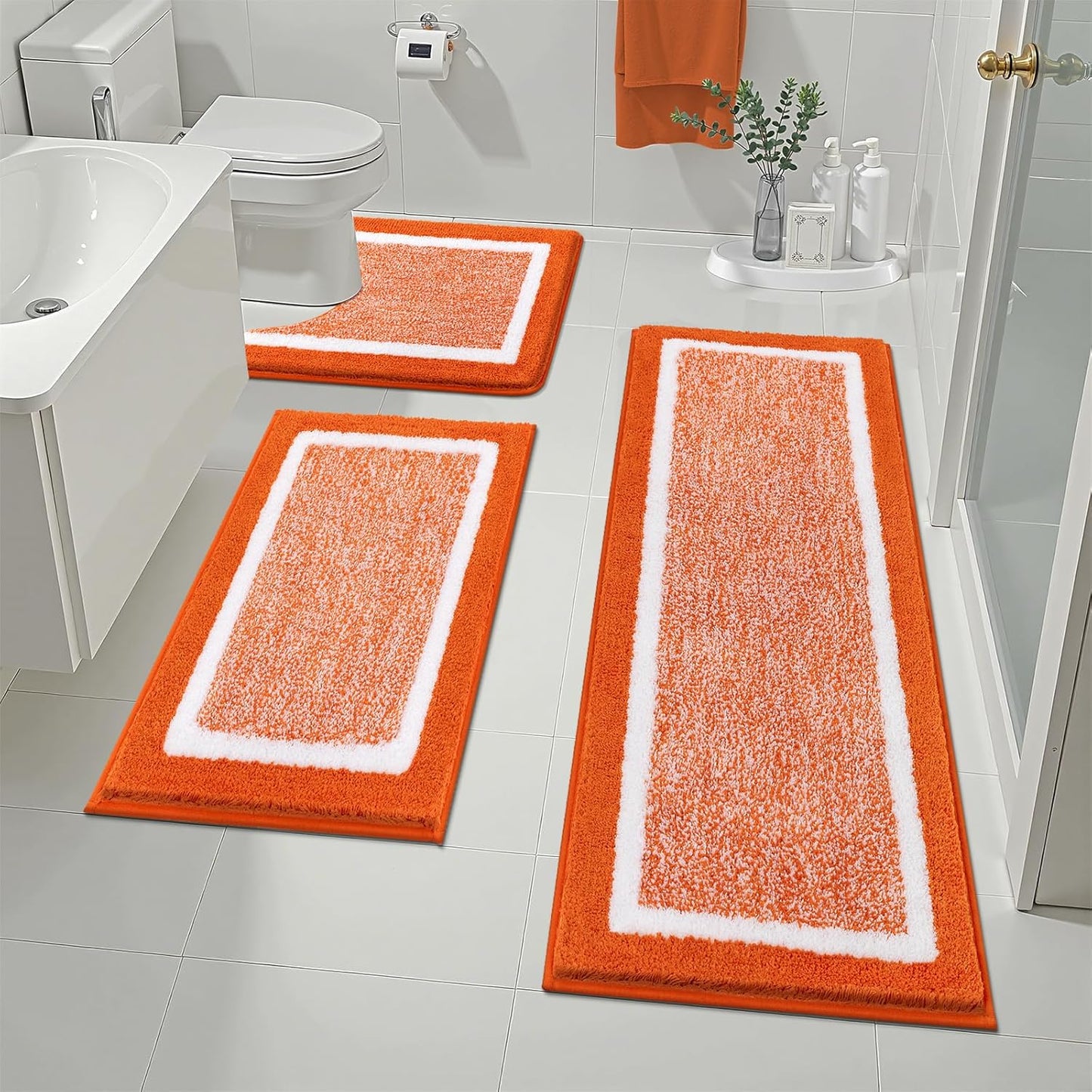 Pauwer 3 Pieces Bathroom Rugs Sets, Ultra Soft Non-Slip Mats, Microfiber Absorbent Bath Rugs with U-Shaped Toilet Rug for Bath Floor, Tub, Shower, Blue