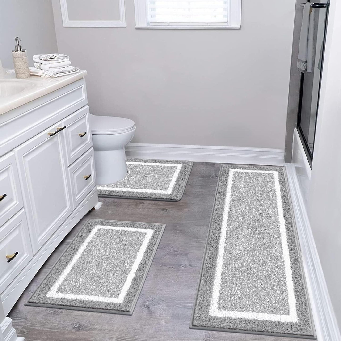 Pauwer 3 Pieces Bathroom Rugs Sets, Ultra Soft Non-Slip Mats, Microfiber Absorbent Bath Rugs with U-Shaped Toilet Rug for Bath Floor, Tub, Shower, Blue