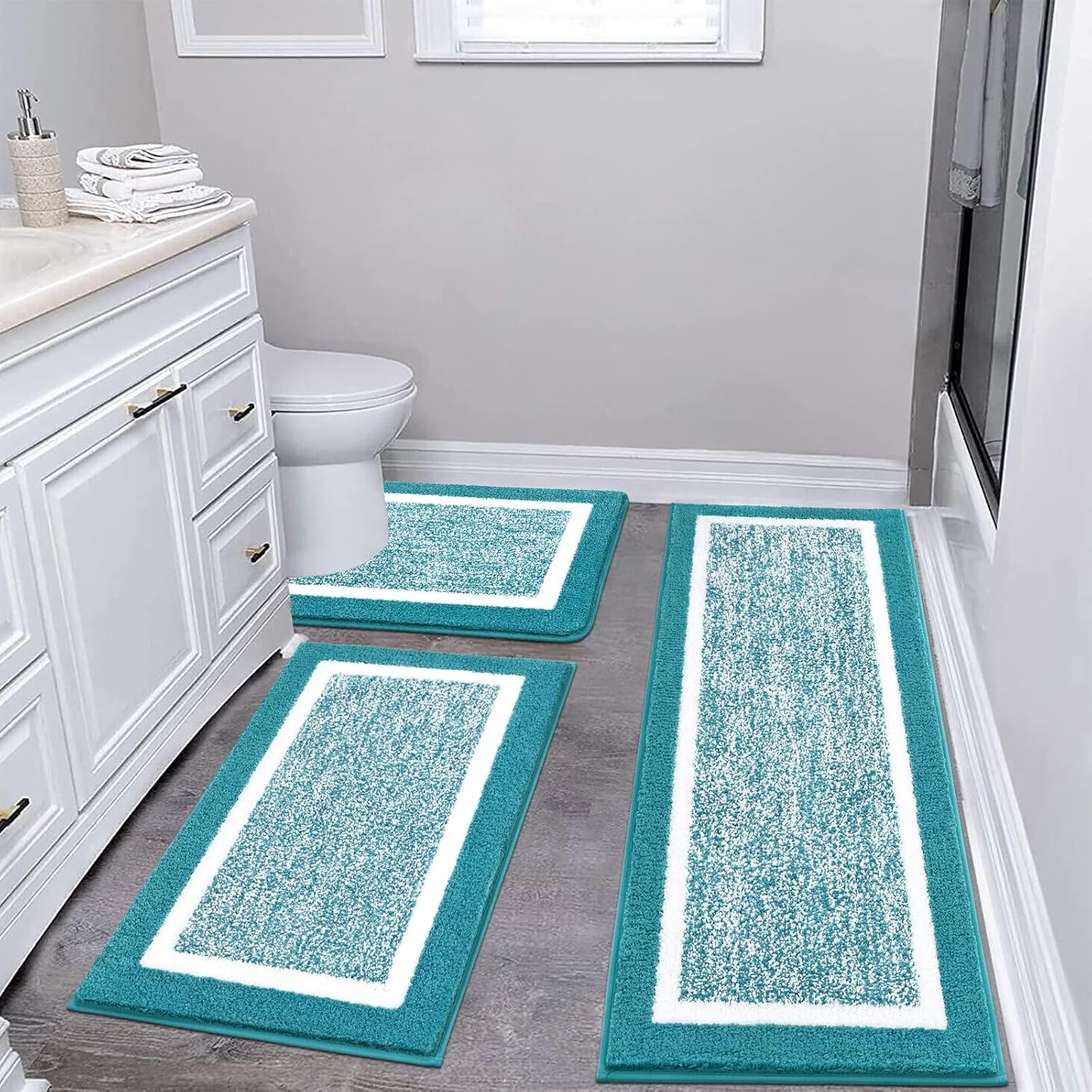 Pauwer 3 Pieces Bathroom Rugs Sets, Ultra Soft Non-Slip Mats, Microfiber Absorbent Bath Rugs with U-Shaped Toilet Rug for Bath Floor, Tub, Shower, Blue