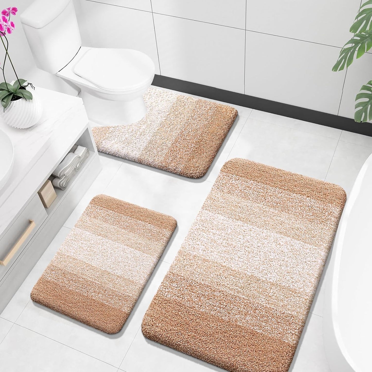 OLANLY Bathroom Rugs Sets 3 Piece, Soft Absorbent Microfiber Bath Mats and U-Shaped Contour Toilet Rug, Plush Shaggy Bath Mat Set for Bathroom (30"x20"+24"x16"+24"x20", Navy)