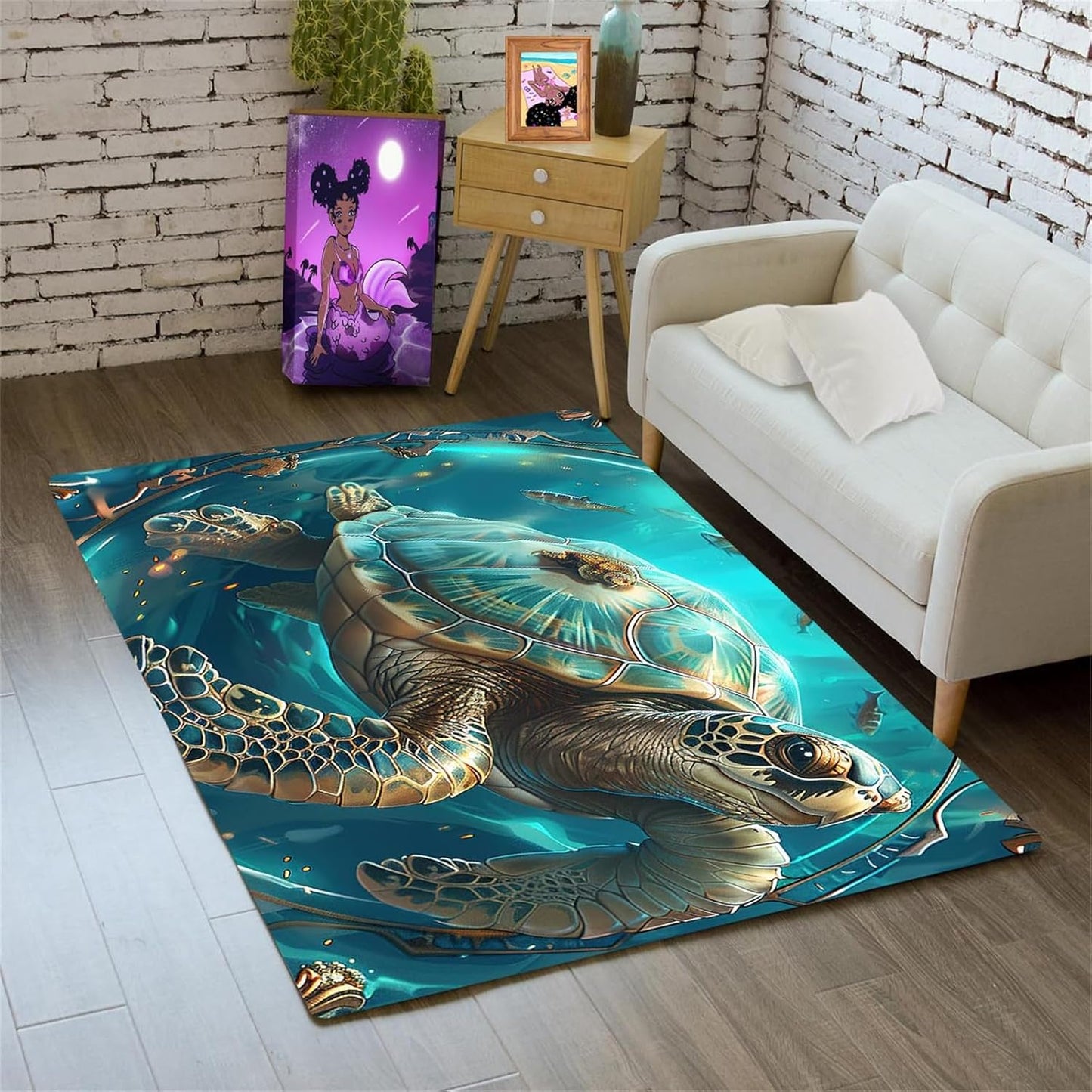 Sea Turtle Rug - Ocean Animal Theme Area Rug Blue Turtle Coral Printted Carpet Sea Animal Underwater Carpet Sea Turtle Mat for Kids Bedroom Living Room Decor,3'×5'