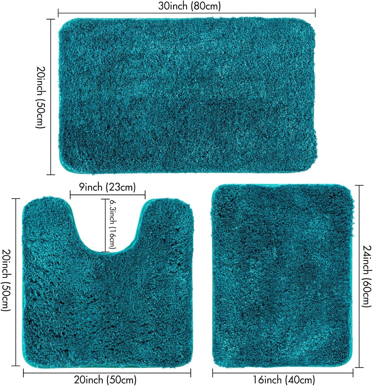 MIULEE 3 Pieces Bathroom Rugs and mats Sets Extra Thick Non Slip Microfiber Bath Mats and U-Shaped Contour Toilet Rug for Bath Room Floor Restroom,20"x30"+16"x24"+20"x20", Teal