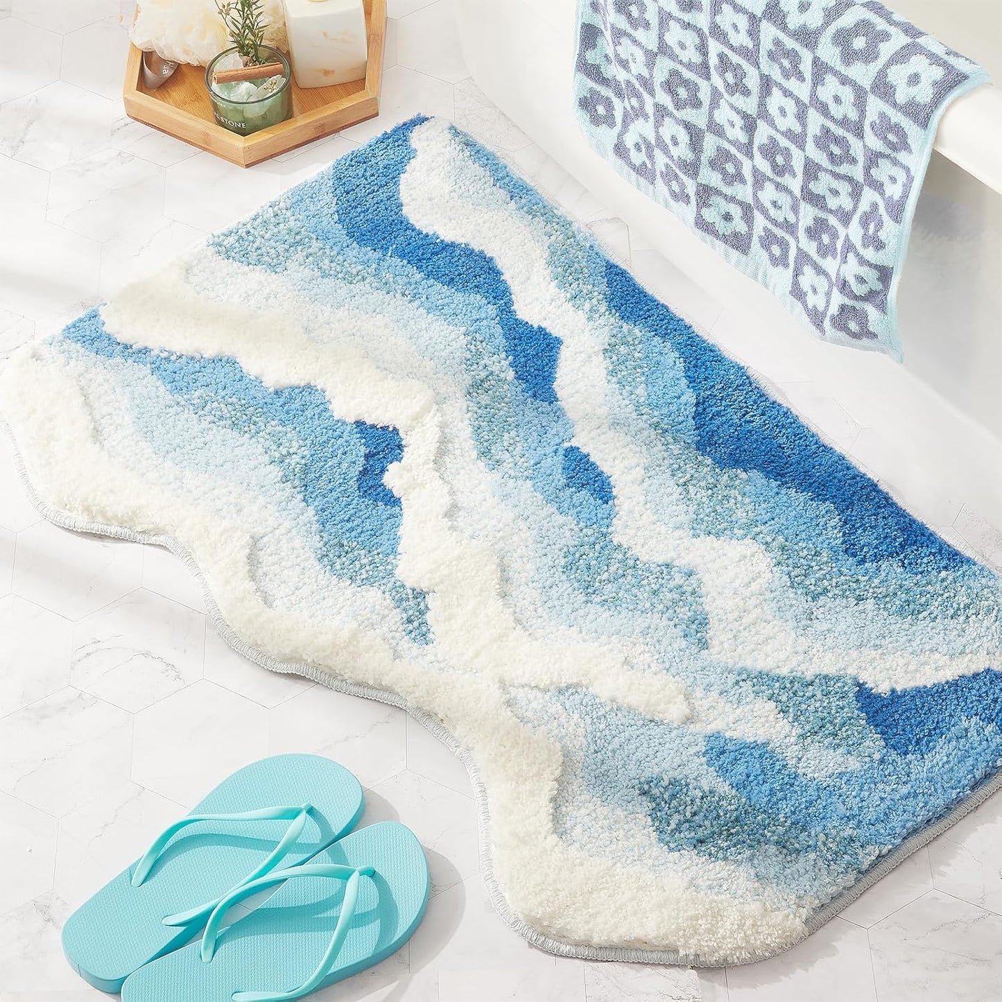 Large Blue Ocean Wave Bath Mat, Cute Funky Bathroom Rugs for Coastal Beach Nautical Themed Decor, Non-Slip Washable Accent Rug for Bedroom Kitchen, Trendy Tufted Shower Mats 47"x 24"