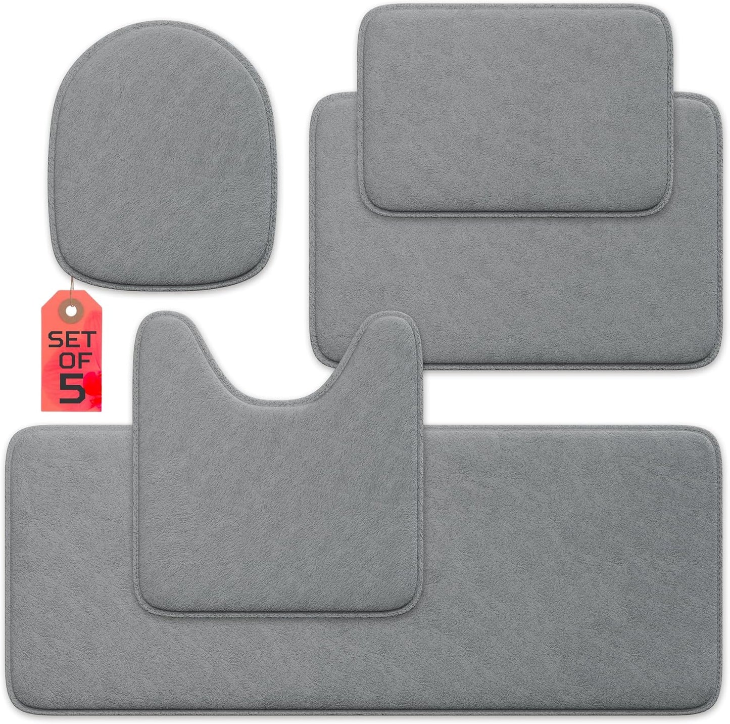 5-Piece Bathroom Rug Set - Memory Foam, Non-Slip, Machine Washable, Quick-Drying, Aqua Teal