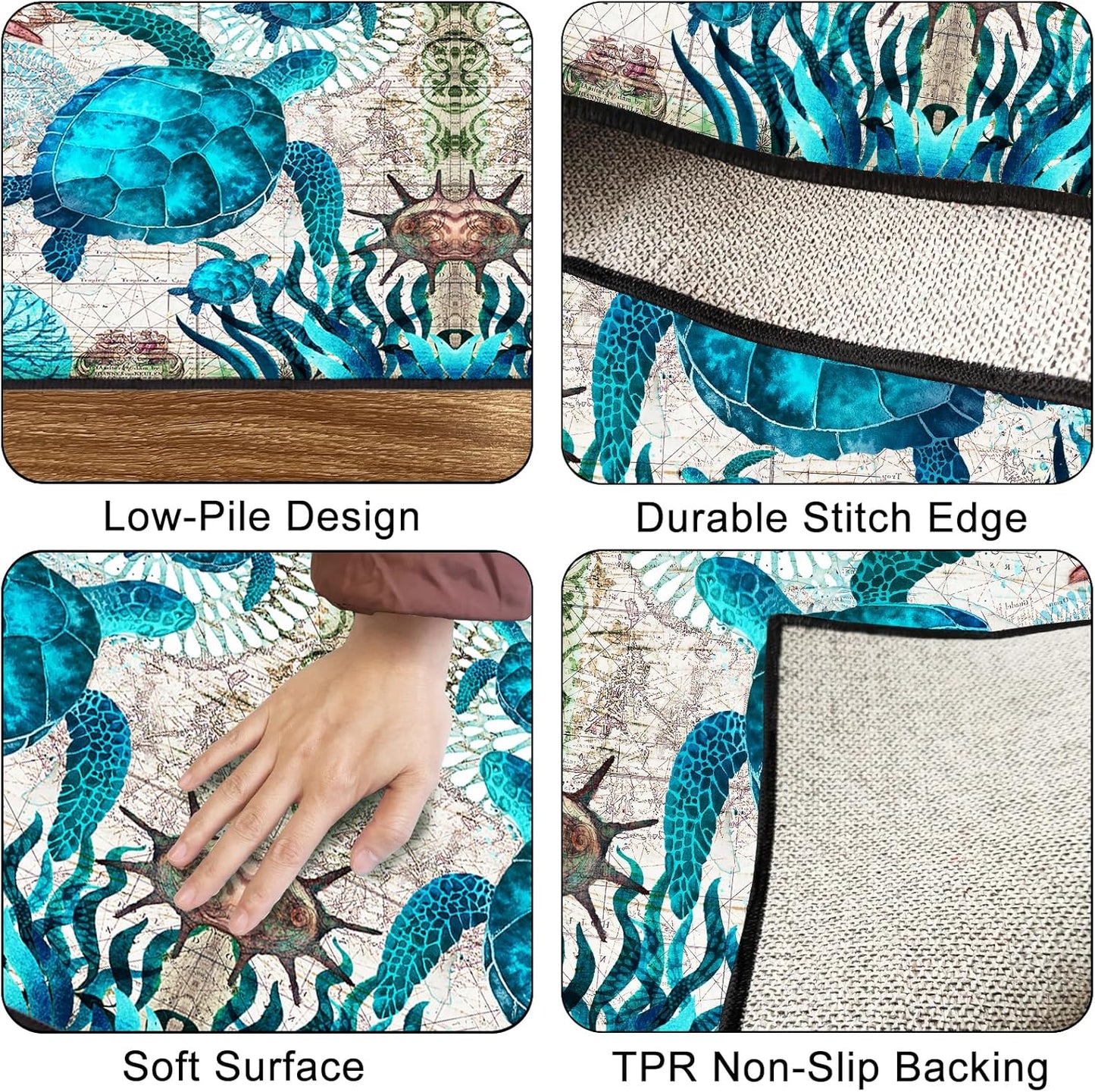 Coastal Runner Rug for Hallway 2x6 Sea Turtle Hallway Rugs Nautical Throw Rug Blue Turtles Beach Ocean Life Teal Marine Animal Area Rug Non-Slip Floor Carpet for Bedroom Entryway Door Mat Washable Rug